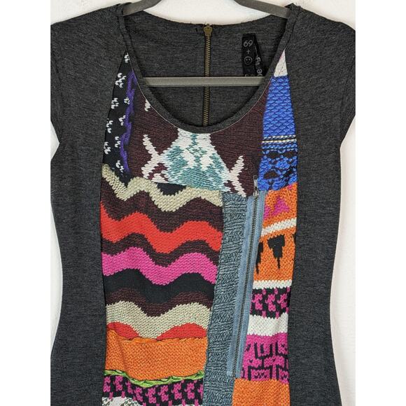 Desigual Dress Printed Knit Sweater Zipper Boho Quirky Colorful Gray Size M - Picture 5 of 15